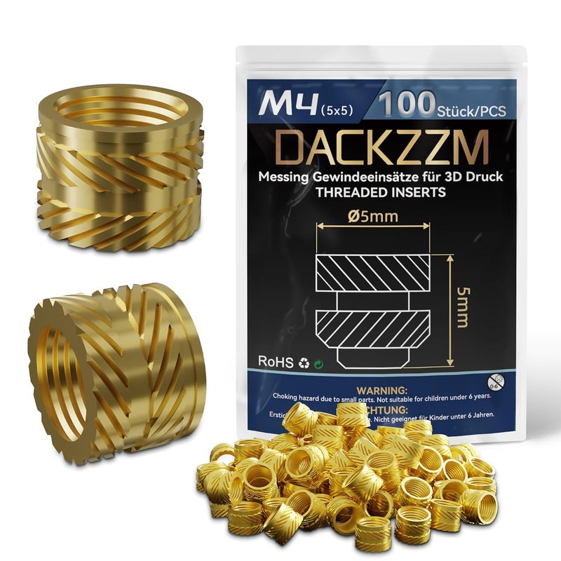 DACKZZM M4 Heat Set Insert, Threaded Inserts for Plastic and 3D Printing (100 Pieces), Brass Metric Knurled Nuts - Insert by Heat into Plastic Parts - Image 1